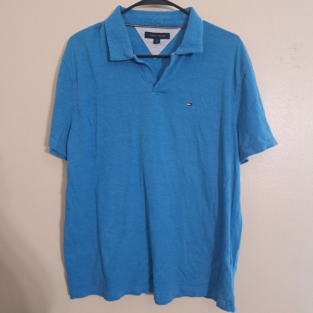 Tommy Hilfiger Mens Blue Short Sleeve Solid Collared Polo Shirt Size L/G